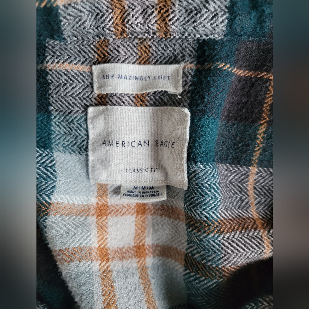 American Eagle Green Plaid Flannel Classic Fit Heavyweight Shirt Mens Size M - Picture 4 of 7